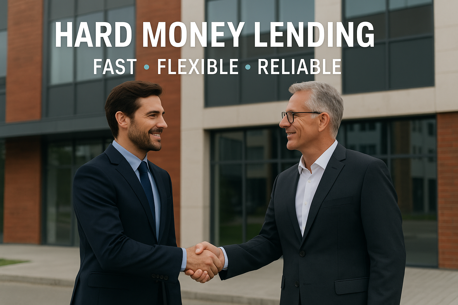 Two businessmen in suits shaking hands outside a modern commercial building, with bold white text above them reading “HARD MONEY LENDING” and smaller text below reading “FAST • FLEXIBLE • RELIABLE” with teal bullet points.